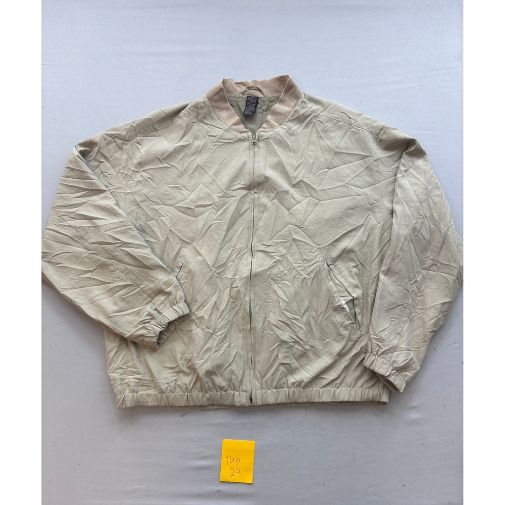 Mens Tan Khaki Lightweight Bomber Jacket Full Zip Ribbed Collar Size Large